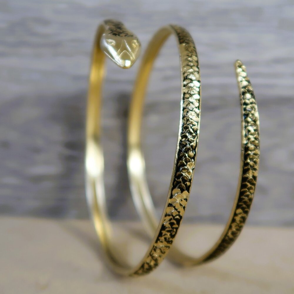 Vintage Gold Tone Snake Bracelet Cuff Marked Spain Metal Coiled Serpent Snake
